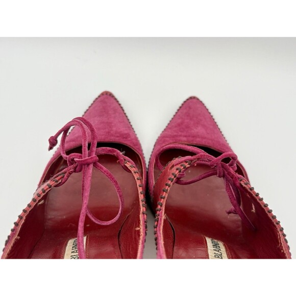 Manolo Blahnik Pink & Red Pointed Toe Heels Suede w/ Tie Accent Vintage Sz EU 37 - Picture 10 of 13